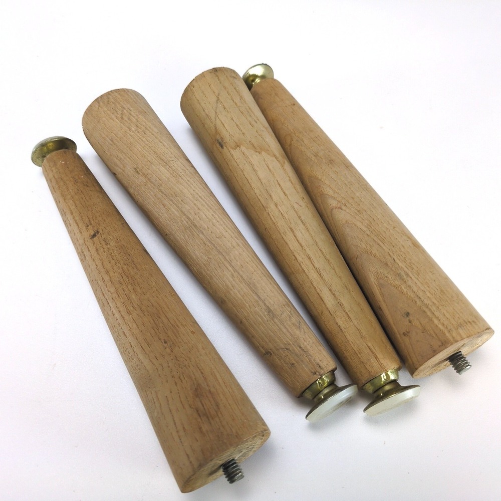 Set of 4 Vintage MCM 8.5" Tapered Solid Wood Furniture Legs Brass Pivot Feet